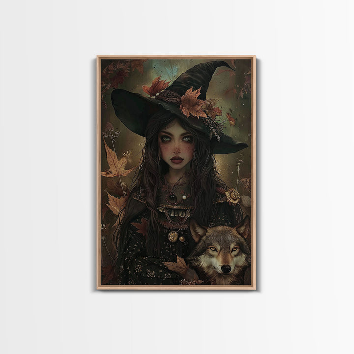 The Witch And The Wolf Framed Canvas Print, Spooky Halloween Wall Art, Halloween Prop, Halloween Products, Canvas Art, Home Decor