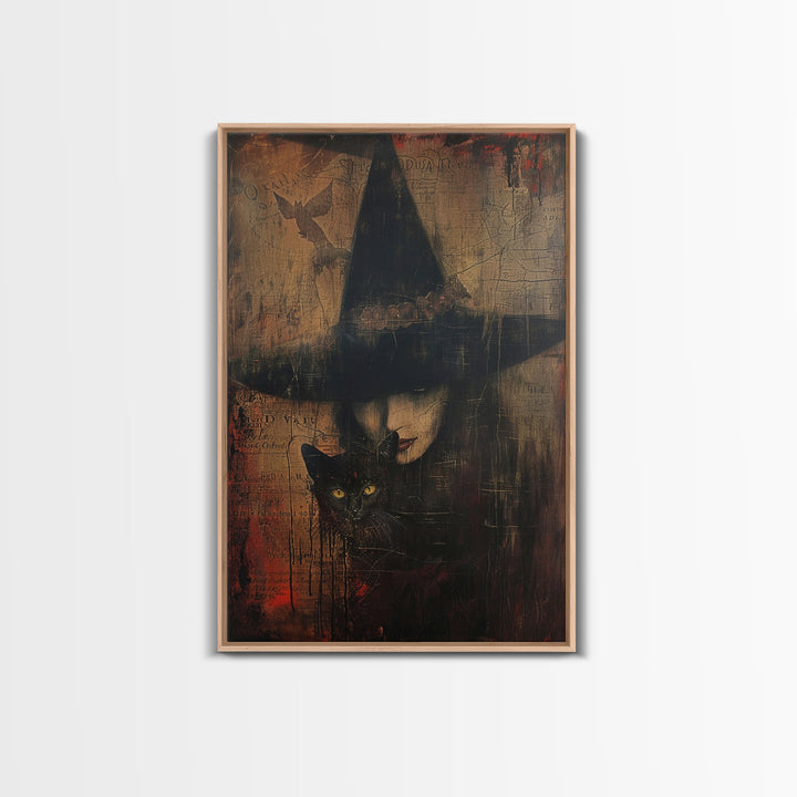 Witch And Black Cat Framed Canvas Print, Spooky Halloween Decor, Framed Canvas, Vintage and Distressedd Halloween Wall Art, Spooky Vibes