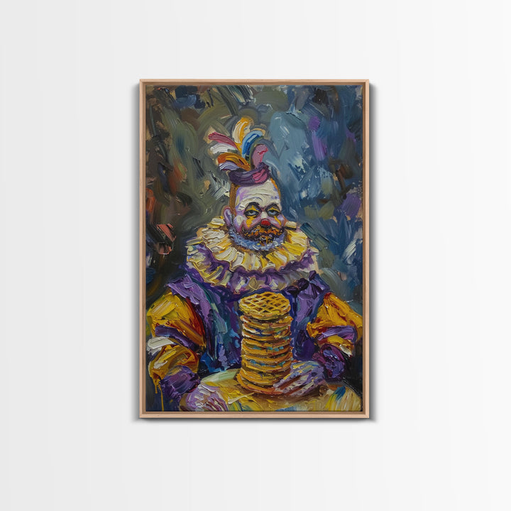 Whimsical Clown with Pancakes Framed Canvas Print | Halloween Circus Art | Spooky Clown Decor | Fun Circus Clown Art for Home Decoration