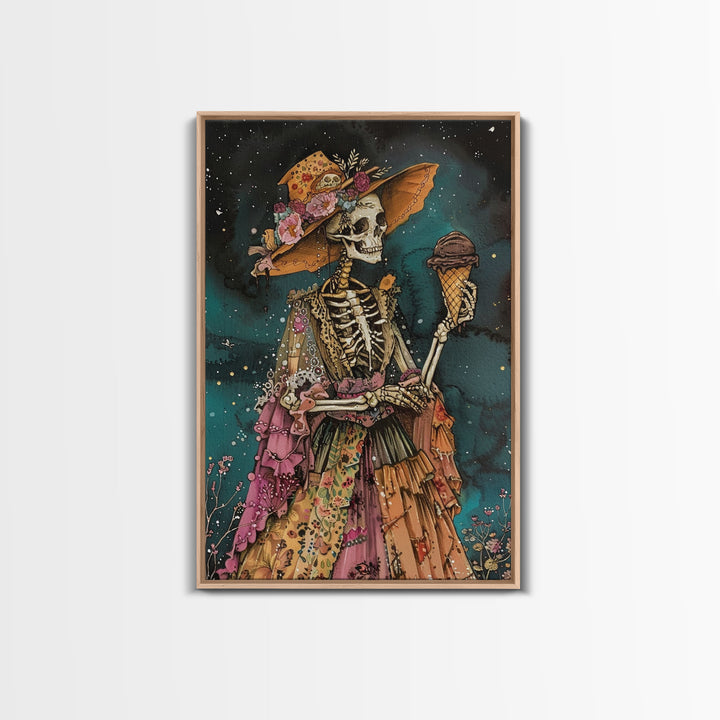 Skeleton in a Colorful Dress with Ice Cream - Day of the Dead Art - Halloween Skeleton Print Vibrant Skeleton Decor - Dia de los Muertos Art