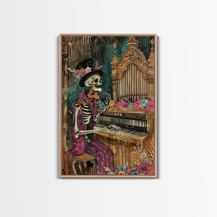 Skeleton Playing Organ in Gothic Church - Day of the Dead Skeleton Musician - Gothic Halloween Art - Skeleton Decor for Halloween