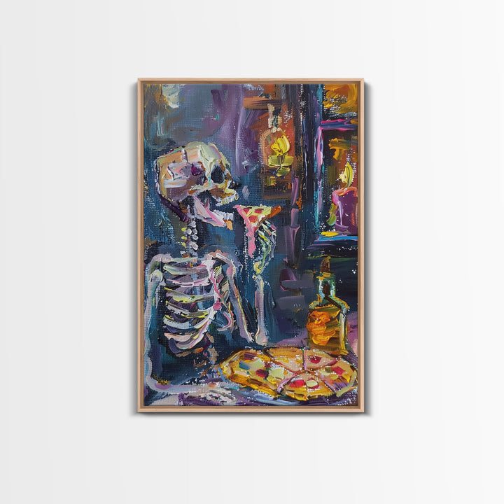 The Hungry Skeleton Chomps a Pizza, Funny Halloween Art, Framed Canvas, Halloween Poster