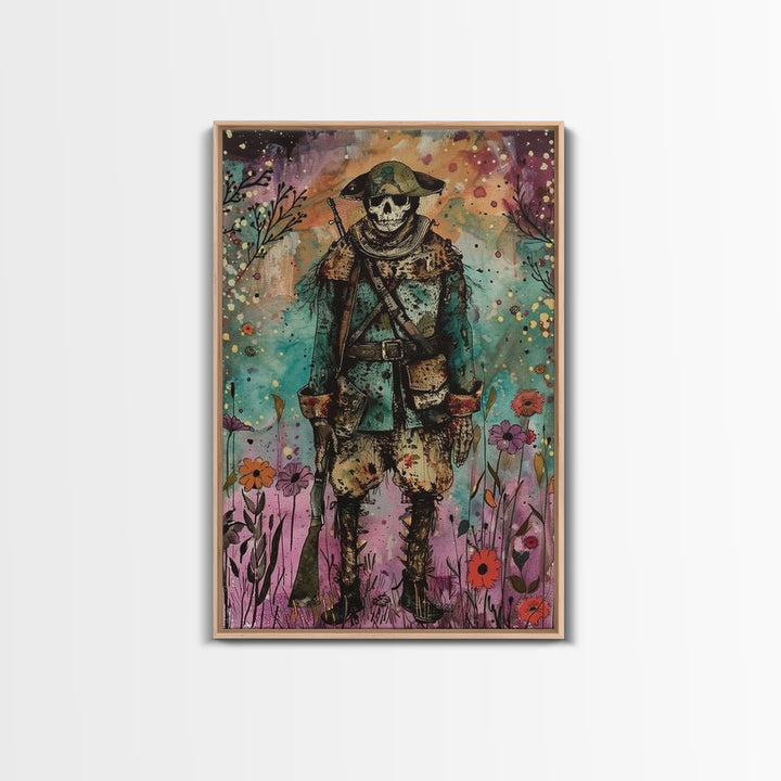 Skeleton Soldier Stands Amid Colorful Blooms, Blending Historical Charm and Spooky Halloween Style for Unique Wall Art