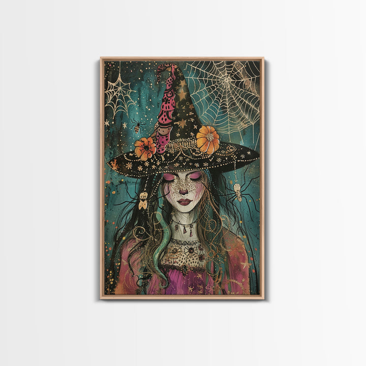 Spooky Halloween Witch Wall Art, Framed Canvas Prince, Halloween Decor, Halloween Gift Spooky Season, Cottage Core Witch and Spider Familiar