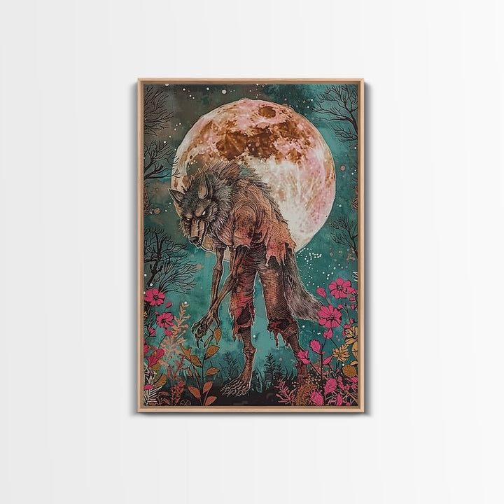 Werewolf Among Flowers and Full Moon Framed Canvas Print | Halloween Monster Art | Spooky Werewolf Decor for Home | Floral and Moon Artwork