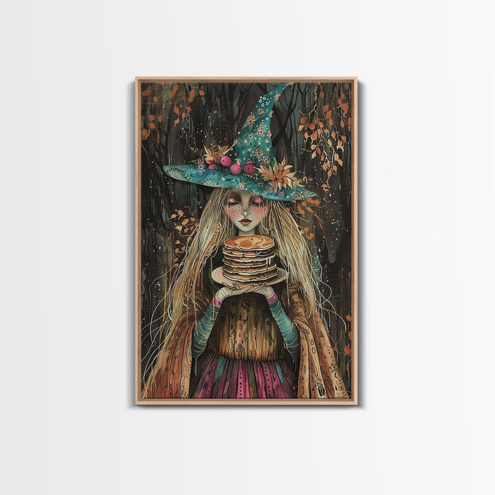 The Witch and Her Pancakes, Breakfast Witch, Framed Canvas Print, Funny Halloween Art