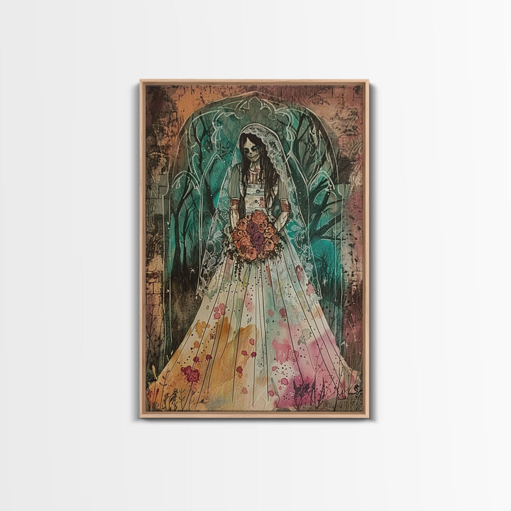 Skeleton Bride with Floral Bouquet Framed Canvas Print | Halloween Bride Art | Spooky Bride Decor for Home | Macabre Halloween Artwork