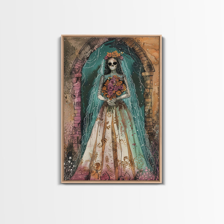 Skeleton Bride in Floral Arch Framed Canvas Print | Halloween Bride Art | Spooky Bride Decor for Home | Gothic Wedding Artwork