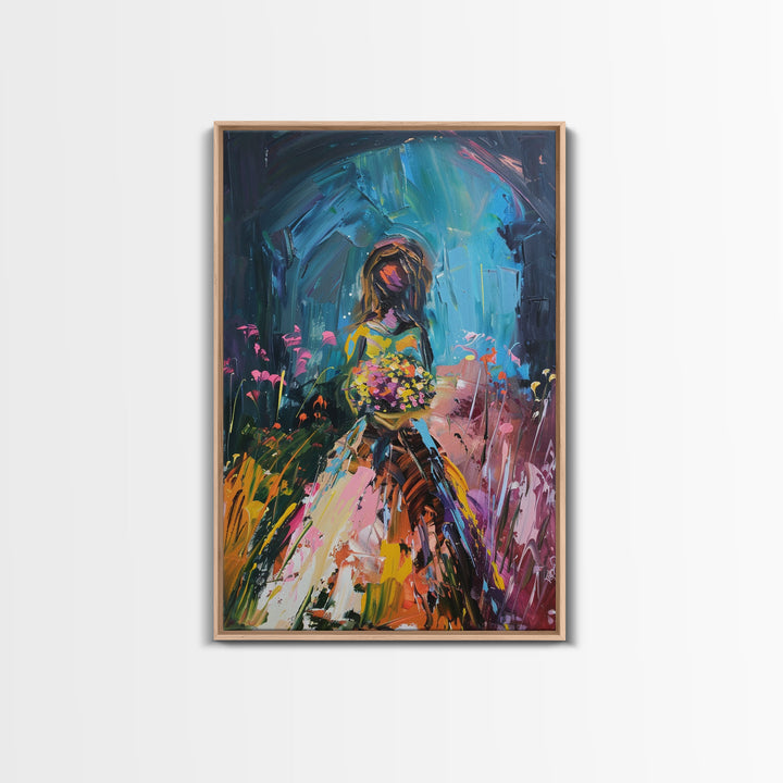 Vibrant Ghost Bride with Floral Bouquet Framed Canvas Print | Colorful Girl Art | Whimsical Girl Decor for Home | Playful Floral Artwork