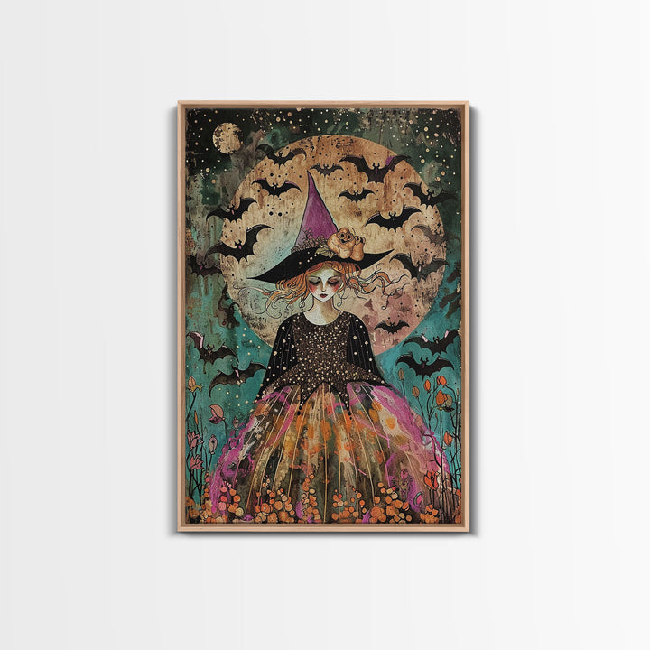 Whimsical Witch with Bats Under Full Moon, Framed Canvas Print, Spooky Halloween Art, Witch Decor, Magical Night, Enchanted Home Decor