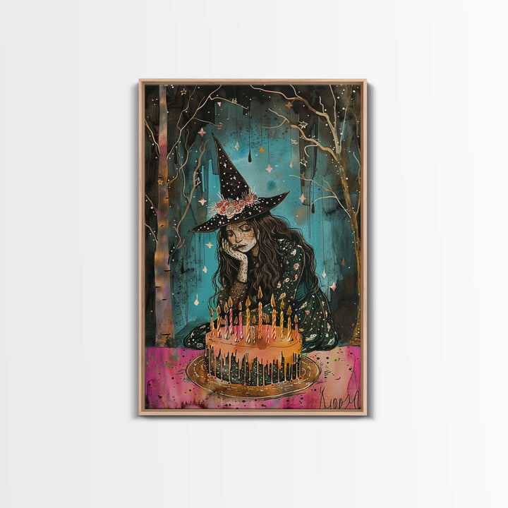 The Sad Birthday Witch, Witch With Birthday Cake Framed Canvas Print, Melancholy, Halloween Decor, Witchy Art, Cottagecore Decor