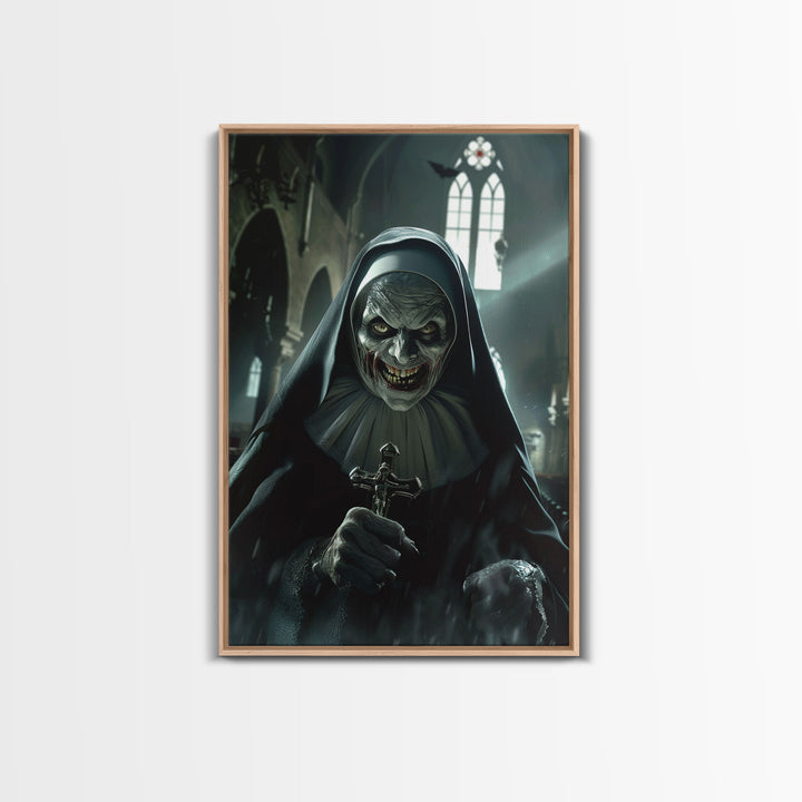 Sinister Nun with Crucifix in Haunted Church - Scary Halloween Themed Framed Canvas Print, Creepy Gothic Home Wall Decor