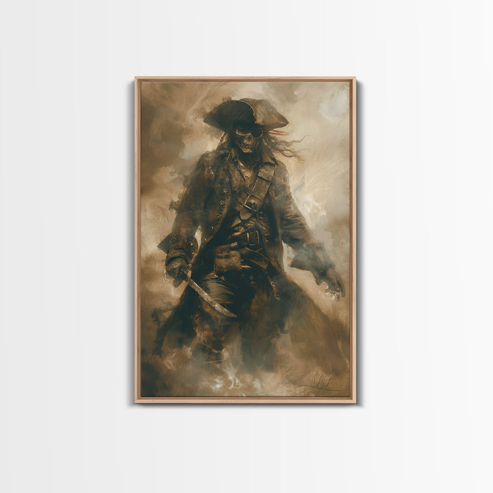 Skeleton Pirate Wielding Sword on Ghost Ship - Haunted Halloween Adventure Framed Canvas Print, Mysterious Gothic Wall Decor