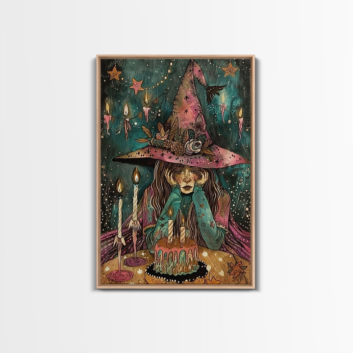 The Sad Birthday Witch, Witch With Birthday Cake Framed Canvas Print, Melancholy, Halloween Decor, Witchy Art, Cottagecore Colorful Art