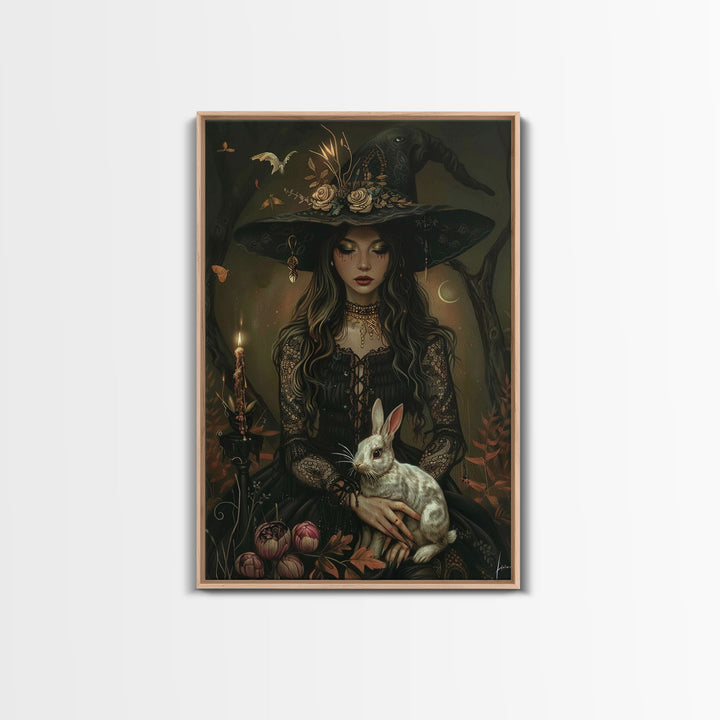 Witch with Bunny and Candles - Mystical Forest Enchantment Halloween Art Framed Canvas Print, Witchy Home Decor