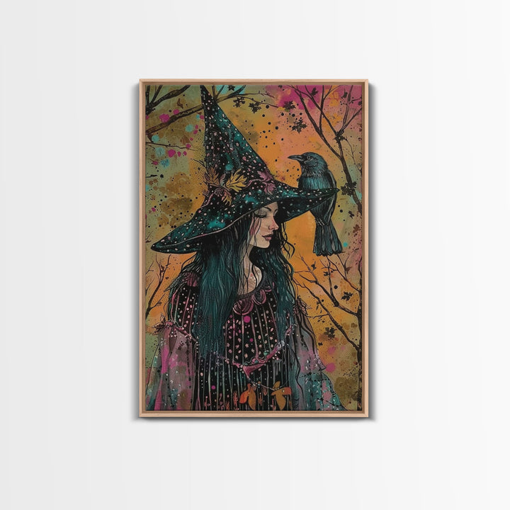 Witch with Raven in Autumn Forest - Dark Enchantment Mystical Gothic Art Framed Canvas Print, Halloween Home Decor