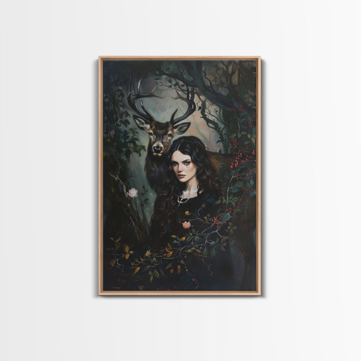 Woman with Deer in Enchanted Forest - Halloween Art, Gothic Art, Spooky Decor, Sinister Portrait, Haunted Forest, Framed Canvas Print