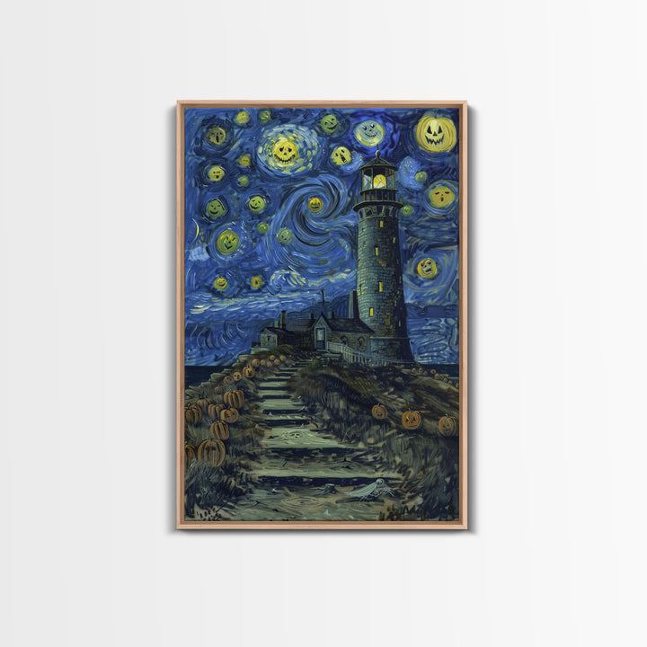 Starry Night Inspired Haunted Light House Framed Canvas Print, Van Gogh Inspired, Spooky Season Halloween Art