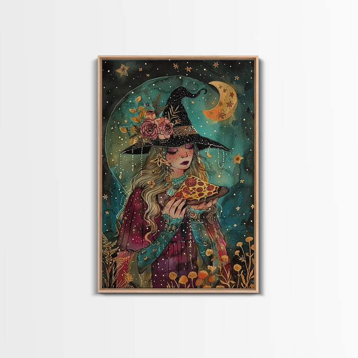 Summer Witch and Her Slice Of Pizza, Framed Canvas Print, Cute / Funny Halloween Art