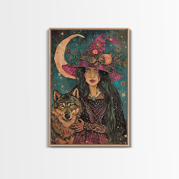 Spooky Halloween Witch Wall Art, Framed Canvas Prince, Halloween Decor, Halloween Gift, Spooky Season, Cottage Core Witch and Wolf Familiar