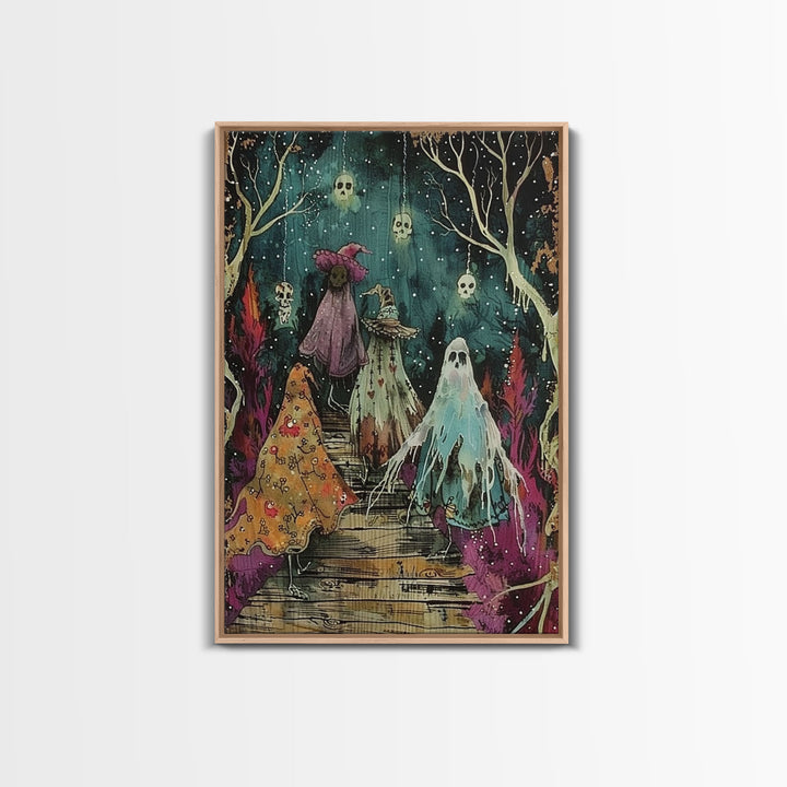 Spooky Trick Or Treaters Halloween Decor Framed Canvas Print, Cottage Core Mashup, Halloween Props, Spooky Vibes, Spooky Season Art