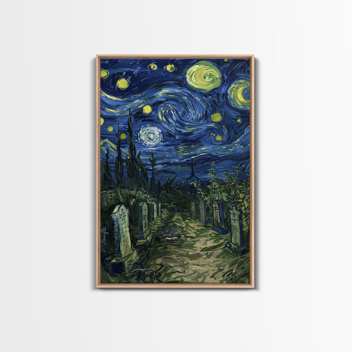 Starry Night Cemetery Framed Canvas Print, Halloween Wall Art, Gothic Art, Spooky Graveyard Decor, Van Gogh Style, Halloween Wall Decor