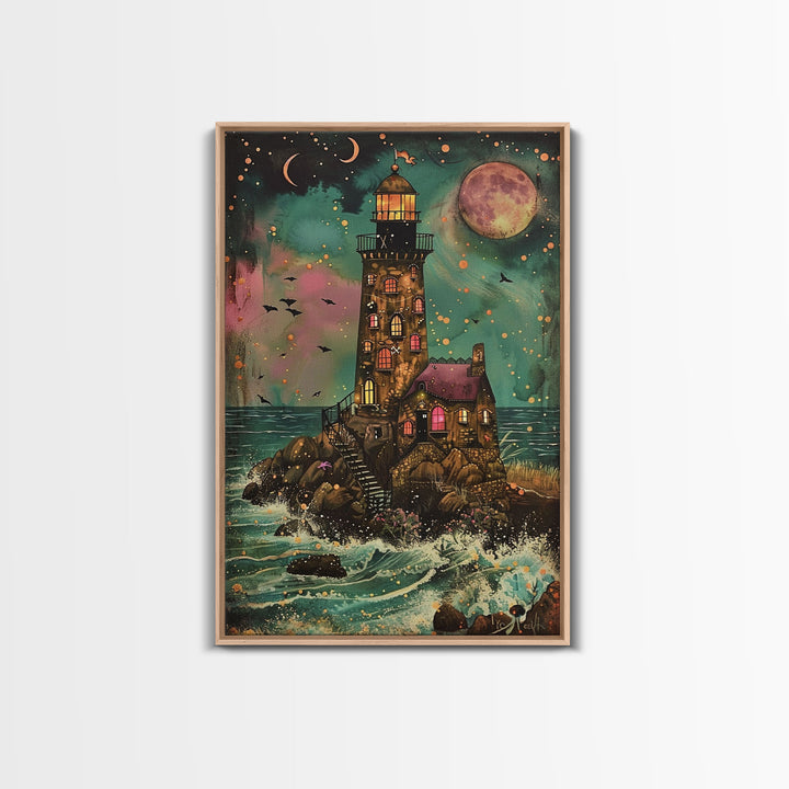 The Haunted Light House Framed Canvas Print, Retro Style Halloween Decor, Cottage Core Halloween Art