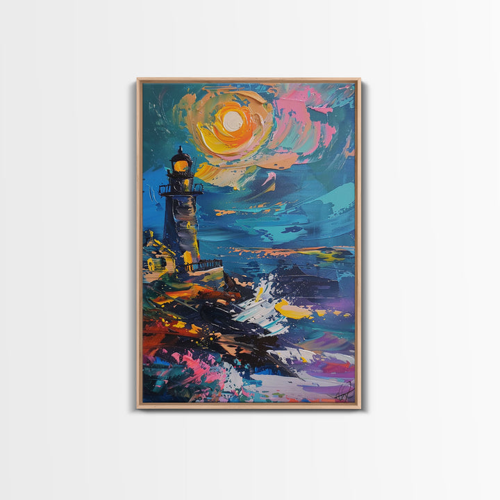 The Haunted Light House Framed Canvas Print, Impasto Style Halloween Decor, Cottage Core Halloween Art