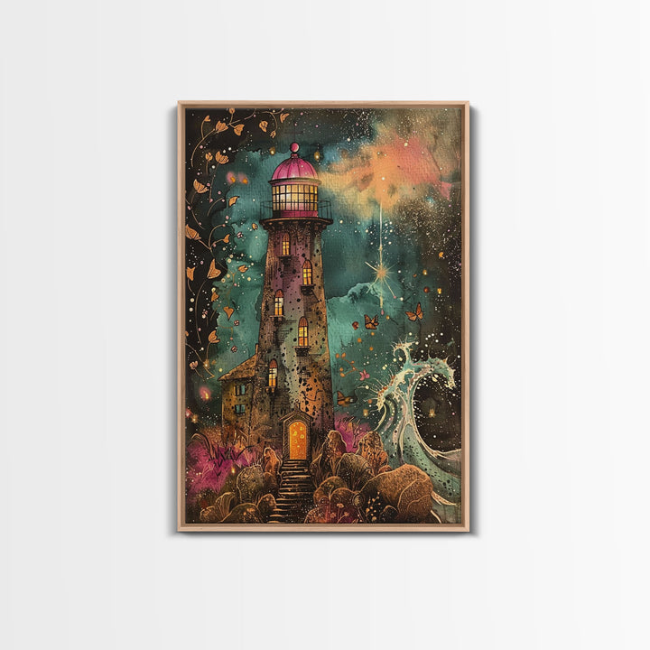 The Haunted Light House Framed Canvas Print, Retro Style Halloween Decor, Cottage Core Halloween Art