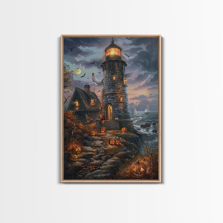 The Haunted Light House Framed Canvas Print, Impasto Style Halloween Decor, Cottage Core Halloween Art