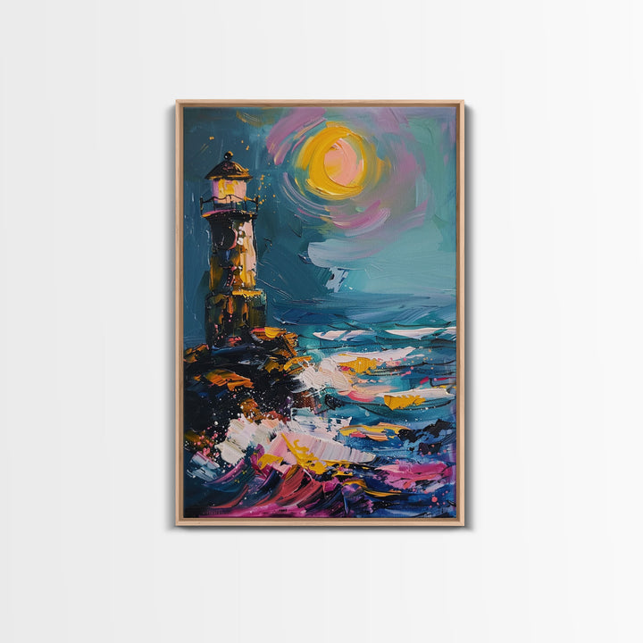 The Haunted Light House Framed Canvas Print, Retro Style Halloween Decor, Cottage Core Halloween Art