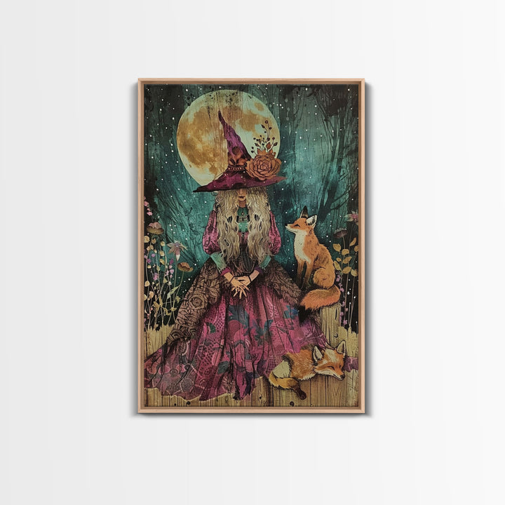 Spooky Halloween Witch Wall Art, Framed Canvas Prince, Halloween Art, Halloween Gift, Spooky Season, Cottage Core Witch and Fox Familiar