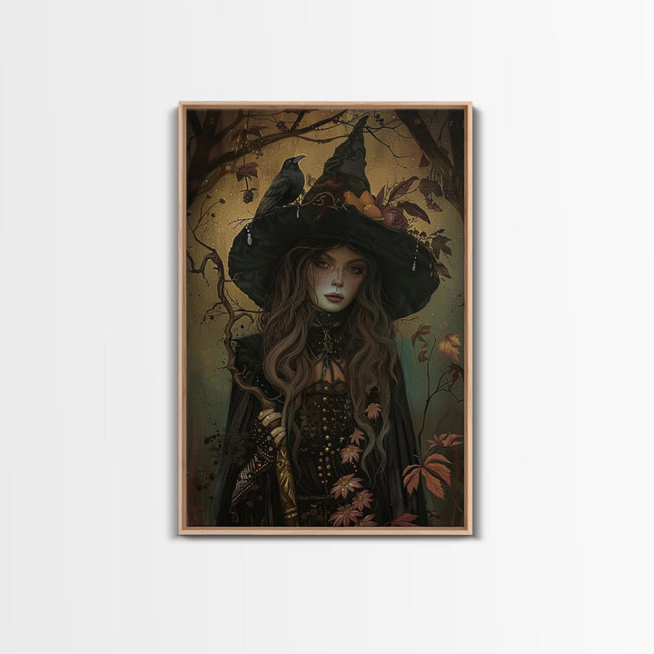 The Witch And The Raven, Framed Canvas Print, Raven Familiar, Victorian Witch Painting, Halloween Decor, Halloween Trinket, Spooky Wall Art