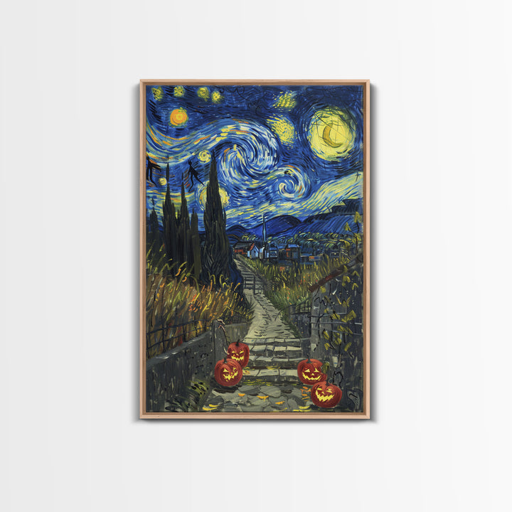 Spooky Starry Night Inspired Haunted Grave Yard Framed Canvas Print, Spooky Season Halloween Art