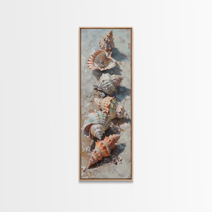 Vertical Printed Canvas Art of Seashells on Coast, Coastal Wall Art Print for Beach House, Beachy Decor, Large Wall Art, Framed Canvas Art