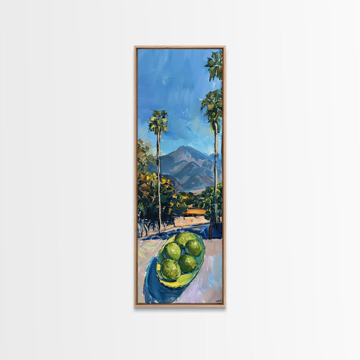 Tall and Narrow Palm Tree California Landscape Art Print Framed on Canvas, Printed Wall Art, Gouache Style Landscape Painting, Mountain Art