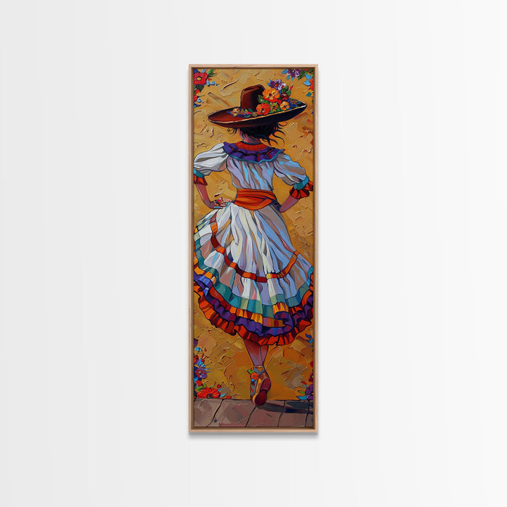 Textured Canvas Painting Print of Mexican Flamenco Dancer, Spanish Framed Art, Rustic Wall Art Print for Living Room, Oversized Vertical Art