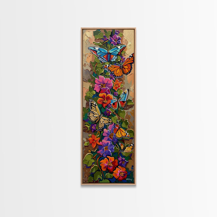 Colorful Abstract Framed Butterfly Canvas Art, Gouache Style Painting, Botanical Wall Art, Oversized Long Narrow Wall Art for Bedroom