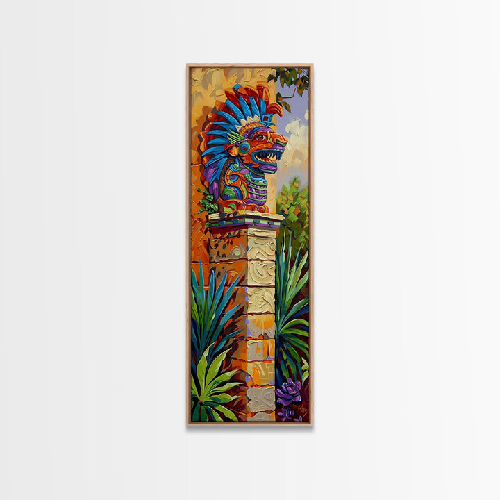 Aztec Inspired Canvas Painting Framed and Printed, Long Narrow Wall Art for Large Space, Beach House Wall Art, Tropical Wall Art Print