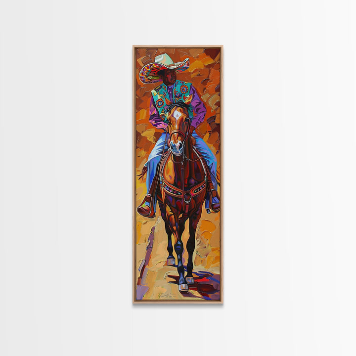 Vertical Acrylic Painting of Colorful Jalisco Cowboy Riding Horse Framed and Printed on Canvas, Mexican Inspired Wall Art for Living Room