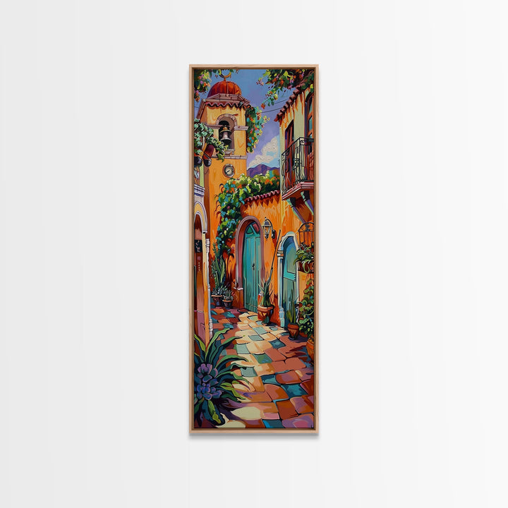 Rustic Colorful Mexican Inspired Hacienda Canvas Painting Framed, Spanish Wall Art Print, Vertical Tall and Narrow Wall Art for Large Space