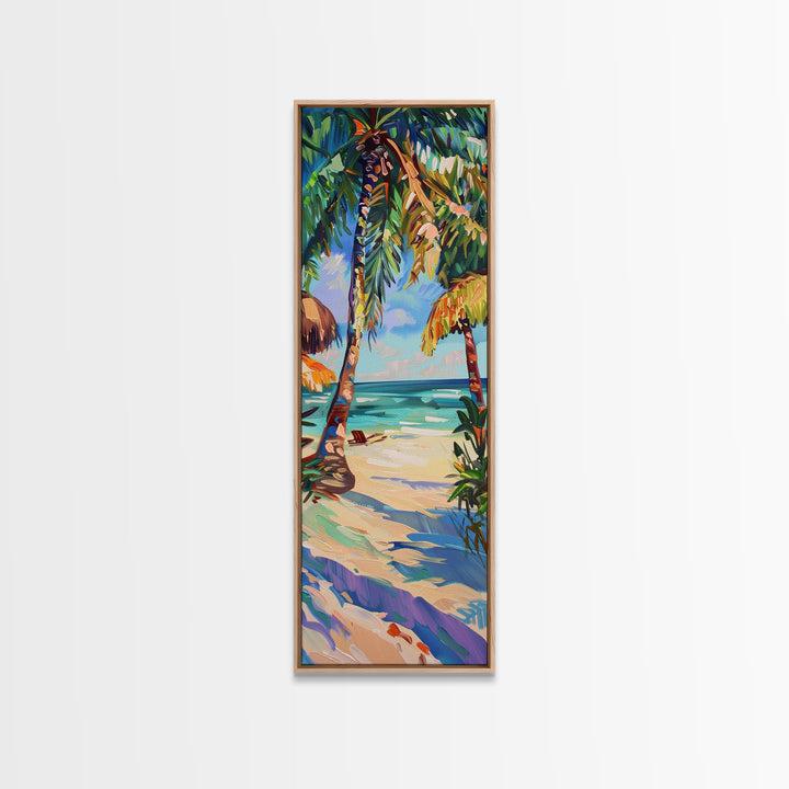 Tropical Wall Art Canvas of Ocean Landscape, Acrylic Gouache Style Canvas Art Framed and Printed, Long and Narrow Modern Abstract Art