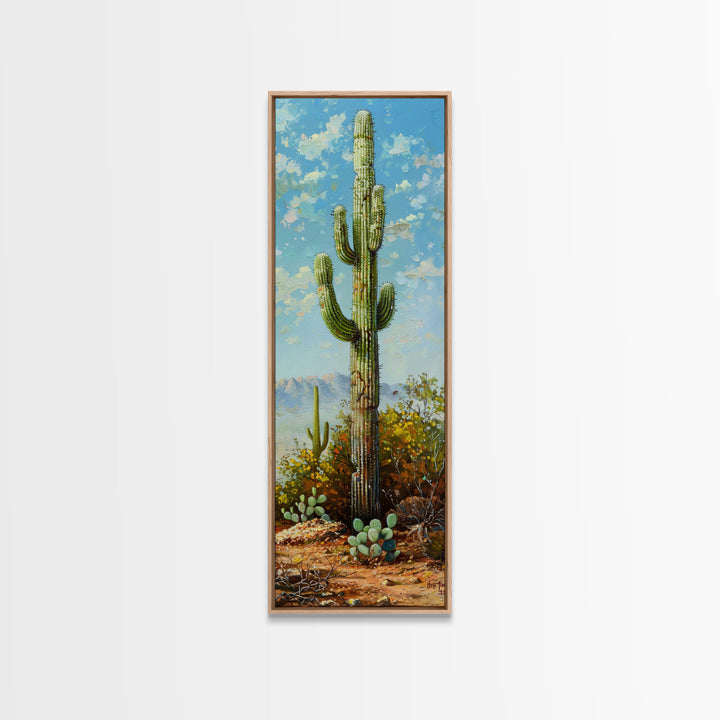 Framed Printed Acrylic Canvas Painting of Saguaro Cactus, Colorful Desert Art Print, Modern Western Wall Art Print, Office Wall Decor