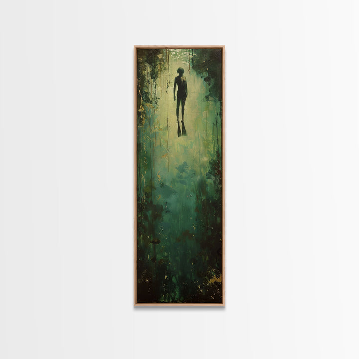 Abstract Canvas Painting of Underwater Diver, Modern Framed Wall Art, Dark Wall Art for Living Room, Tall and Narrow Wall Art Print