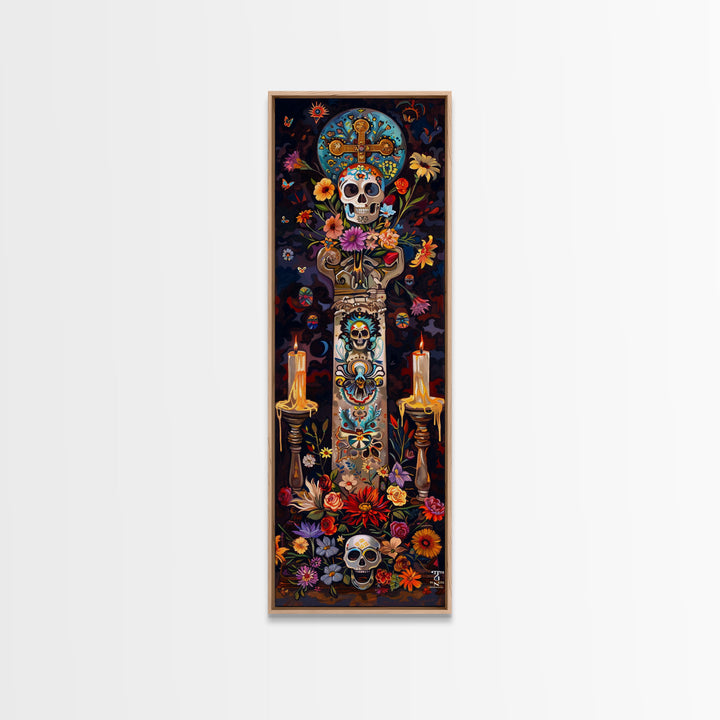 Dia De Los Muertos Sugar Skull Canvas Painting, Gothic Wall Art Print, Skinny Framed Canvas Art, Colorful Day of The Dead Poster Art