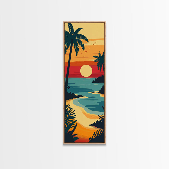 Sunset Beach with Palm Trees and Ocean View - Framed Canvas Print, Midcentury Modern Wall Art, Skinny Art, Tall Art, Living Room Decor