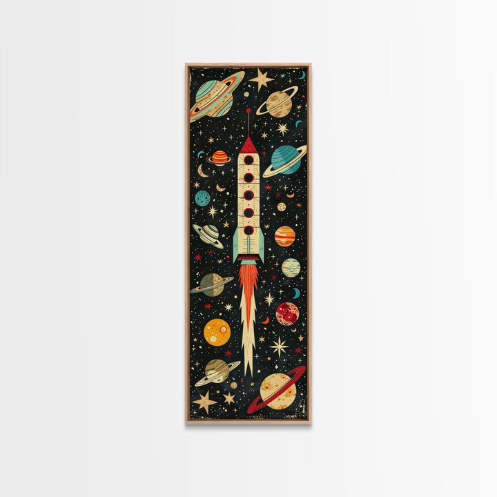 Space Exploration Art with Planets - Framed Canvas Print, Midcentury Modern Skinny Art, Tall Wall Art for Living Room or Bedroom Decor