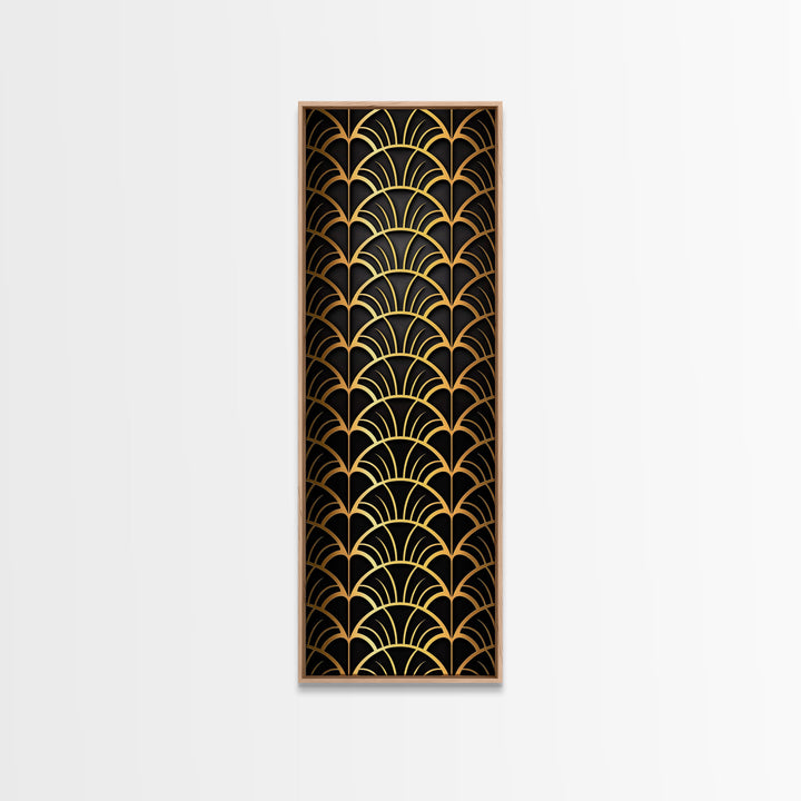 Abstract Gold Geometric Pattern on Black Background - Framed Canvas Print, Art Deco Style, Skinny Art, Tall Art, Midcentury Modern Art, Living Room Wall Decor