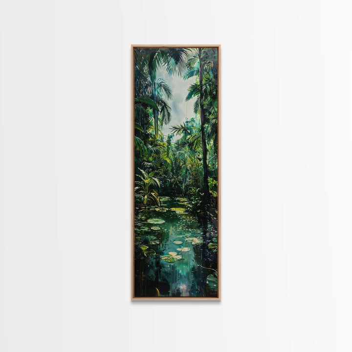 Tropical Island Paradise Scene With Mountain Reflections Skinny Art Framed Canvas Print For Living Room Or Bedroom Wall Art