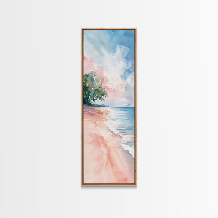 Tropical Beach Watercolor Art - Framed Canvas Print, Skinny Tall Art, Coastal Landscape Wall Art, Living Room Decor, Bedroom Art, Tropical Print